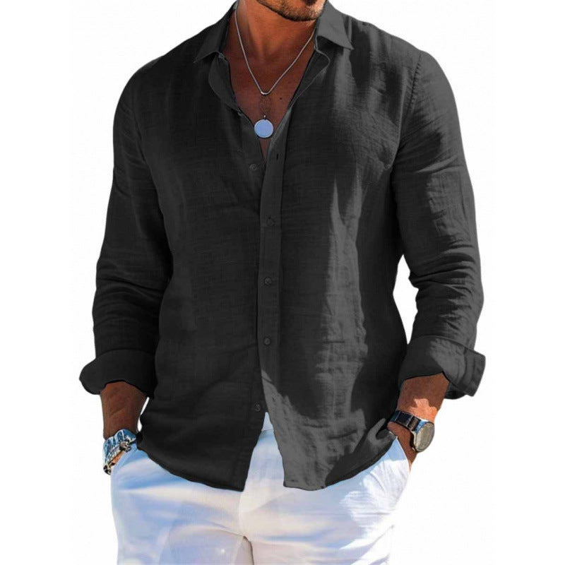 Men's Long Sleeve Shirt Casual Loose Lapel Button Top Solid Color Clothing