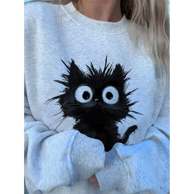 Women's Kitten Graphic Sweatshirt, Fluffy Cat Letter Print Hoodie, Long Sleeve Crewneck Pullover Top
