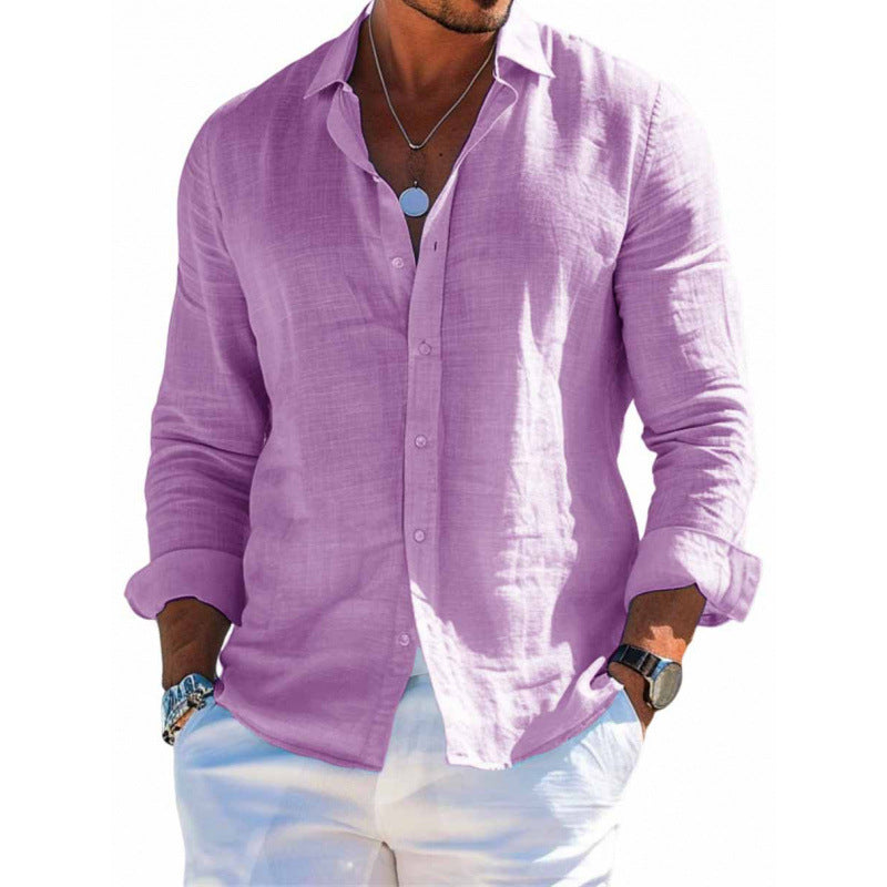 Men's Long Sleeve Shirt Casual Loose Lapel Button Top Solid Color Clothing