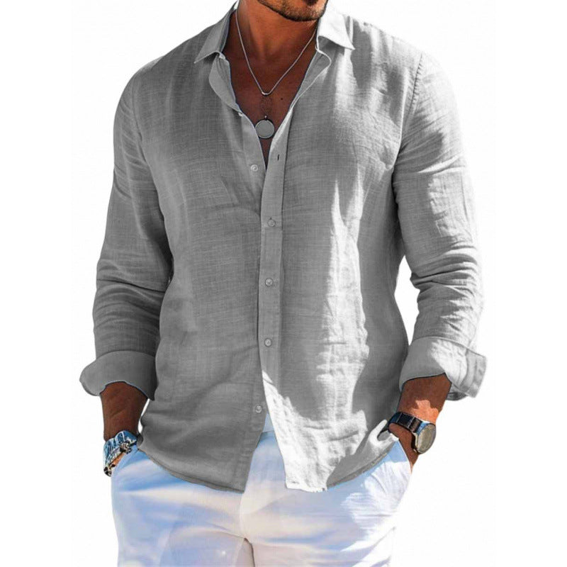 Men's Long Sleeve Shirt Casual Loose Lapel Button Top Solid Color Clothing