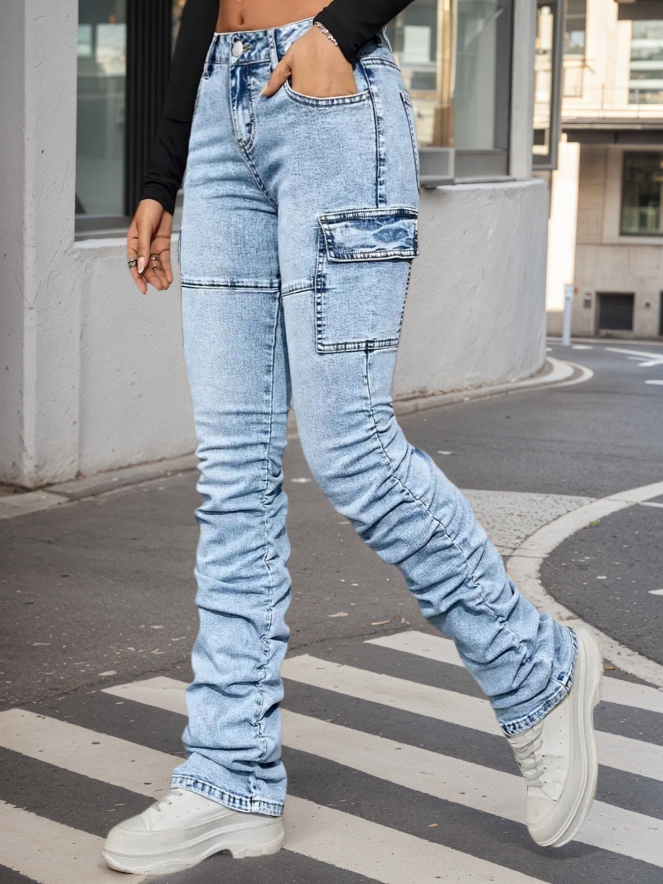 High Waisted Elastic Blended Jeans