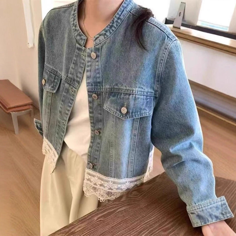 Retro Washed Small Stand Collar Casual Denim Coat