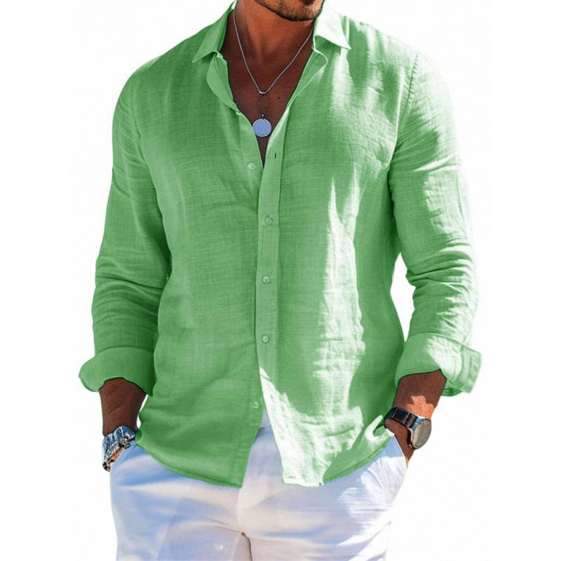 Men's Long Sleeve Shirt Casual Loose Lapel Button Top Solid Color Clothing