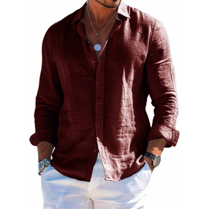 Men's Long Sleeve Shirt Casual Loose Lapel Button Top Solid Color Clothing