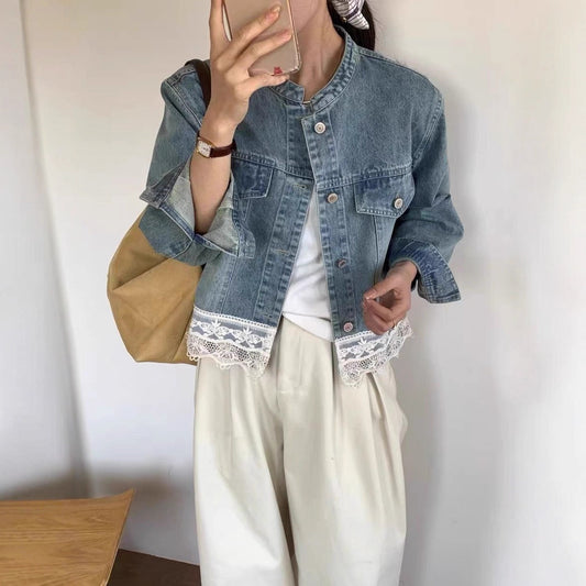 Retro Washed Small Stand Collar Casual Denim Coat