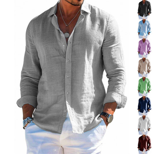 Men's Long Sleeve Shirt Casual Loose Lapel Button Top Solid Color Clothing