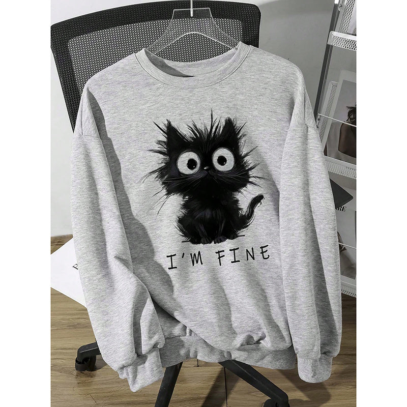 Women's Kitten Graphic Sweatshirt, Fluffy Cat Letter Print Hoodie, Long Sleeve Crewneck Pullover Top