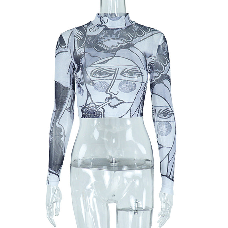 Sheer Mesh Round Neck Slim-fit Top