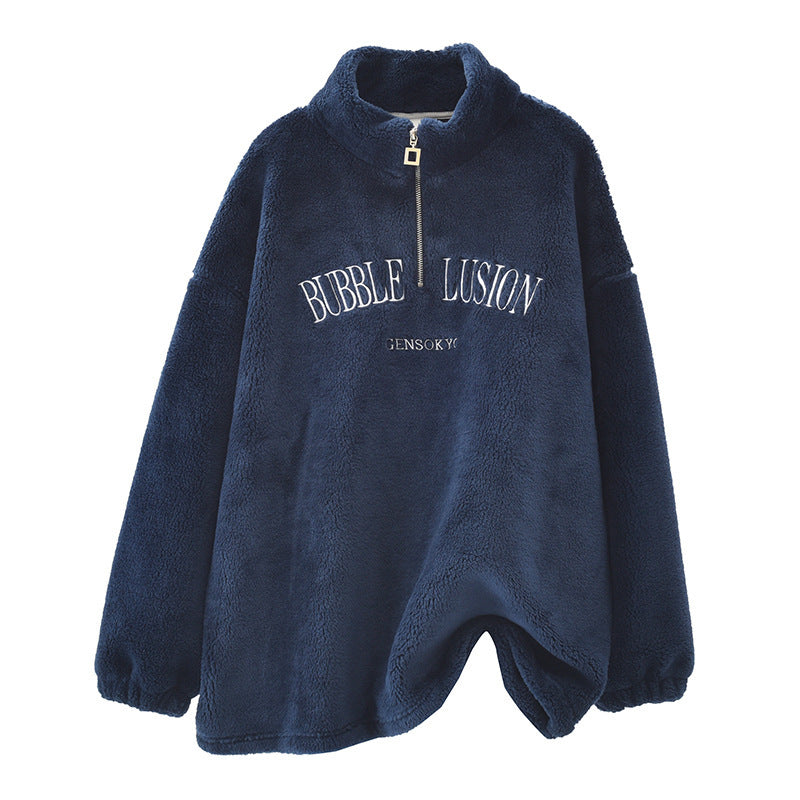 Velvet Padded Loose Mid-length Half Zipped Collar Sweater