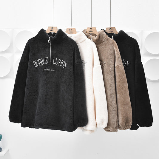 Velvet Padded Loose Mid-length Half Zipped Collar Sweater