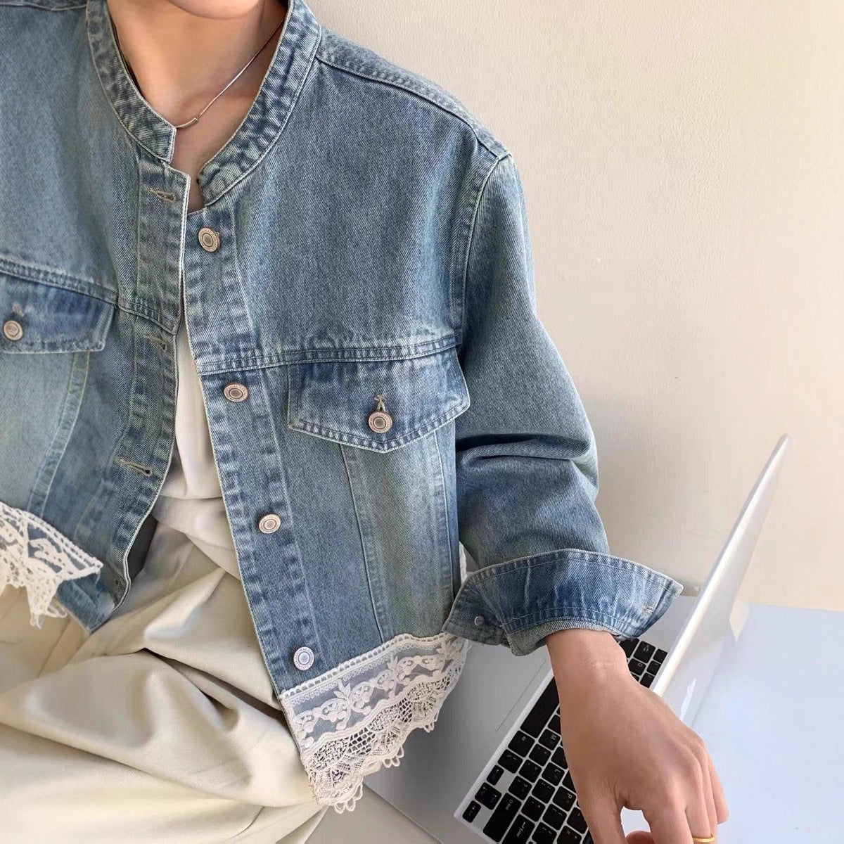Retro Washed Small Stand Collar Casual Denim Coat