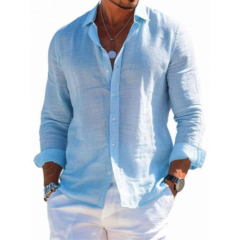 Men's Long Sleeve Shirt Casual Loose Lapel Button Top Solid Color Clothing