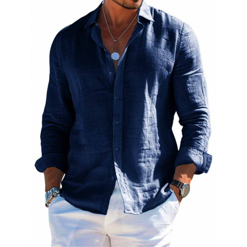 Men's Long Sleeve Shirt Casual Loose Lapel Button Top Solid Color Clothing