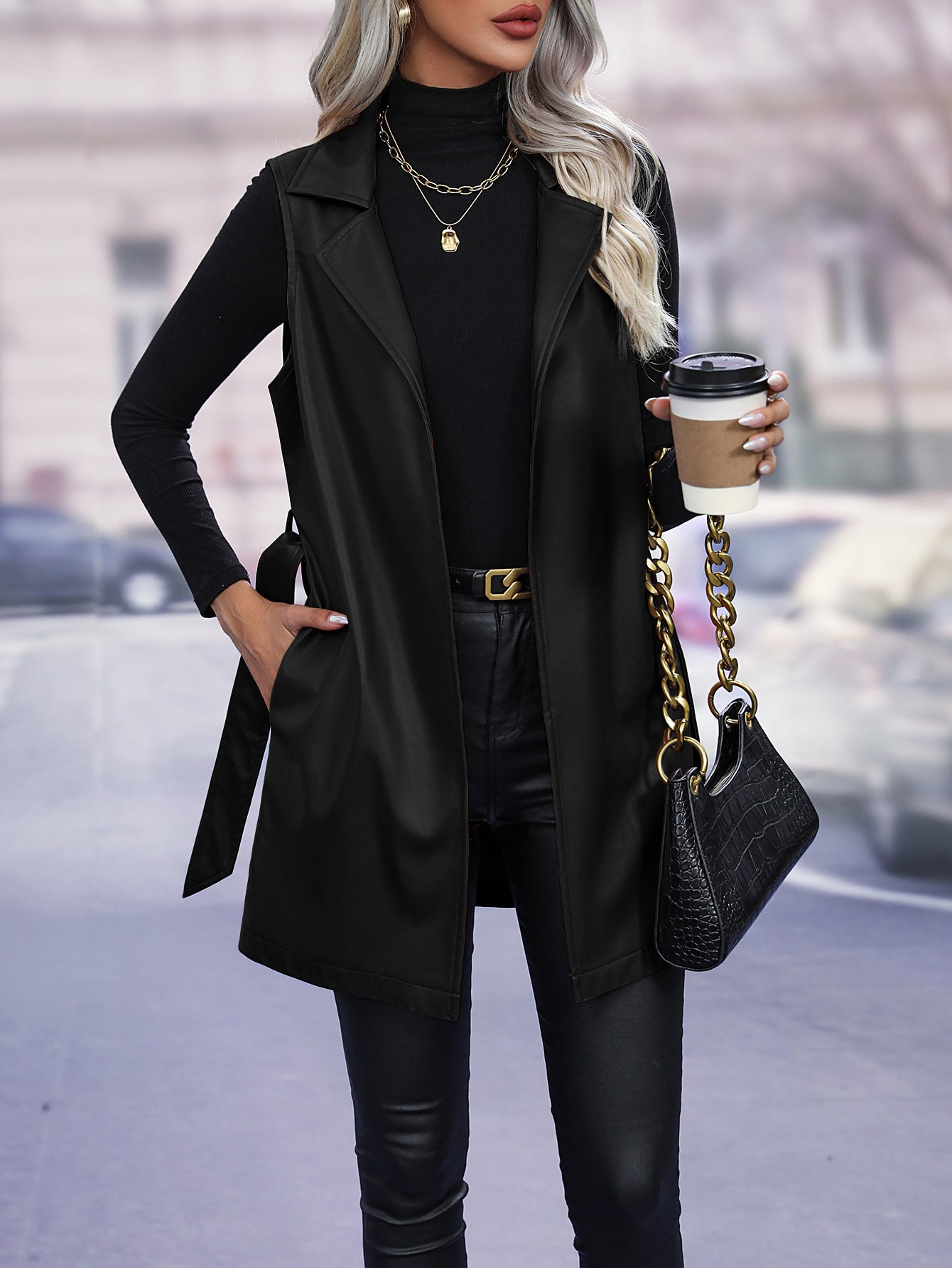 PU Leather Cardigan Strap Vest Vest Jacket For Women
