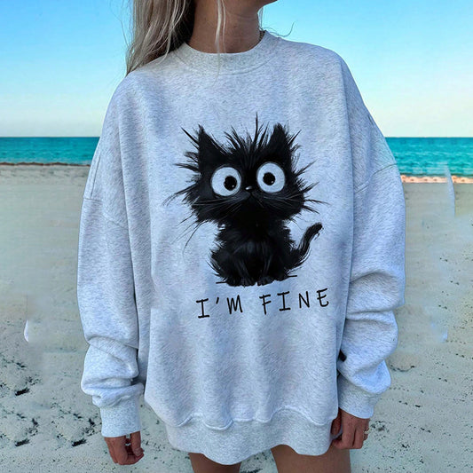 Women's Kitten Graphic Sweatshirt, Fluffy Cat Letter Print Hoodie, Long Sleeve Crewneck Pullover Top