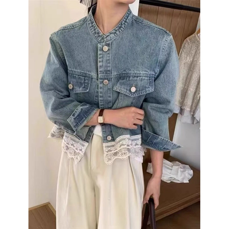 Retro Washed Small Stand Collar Casual Denim Coat