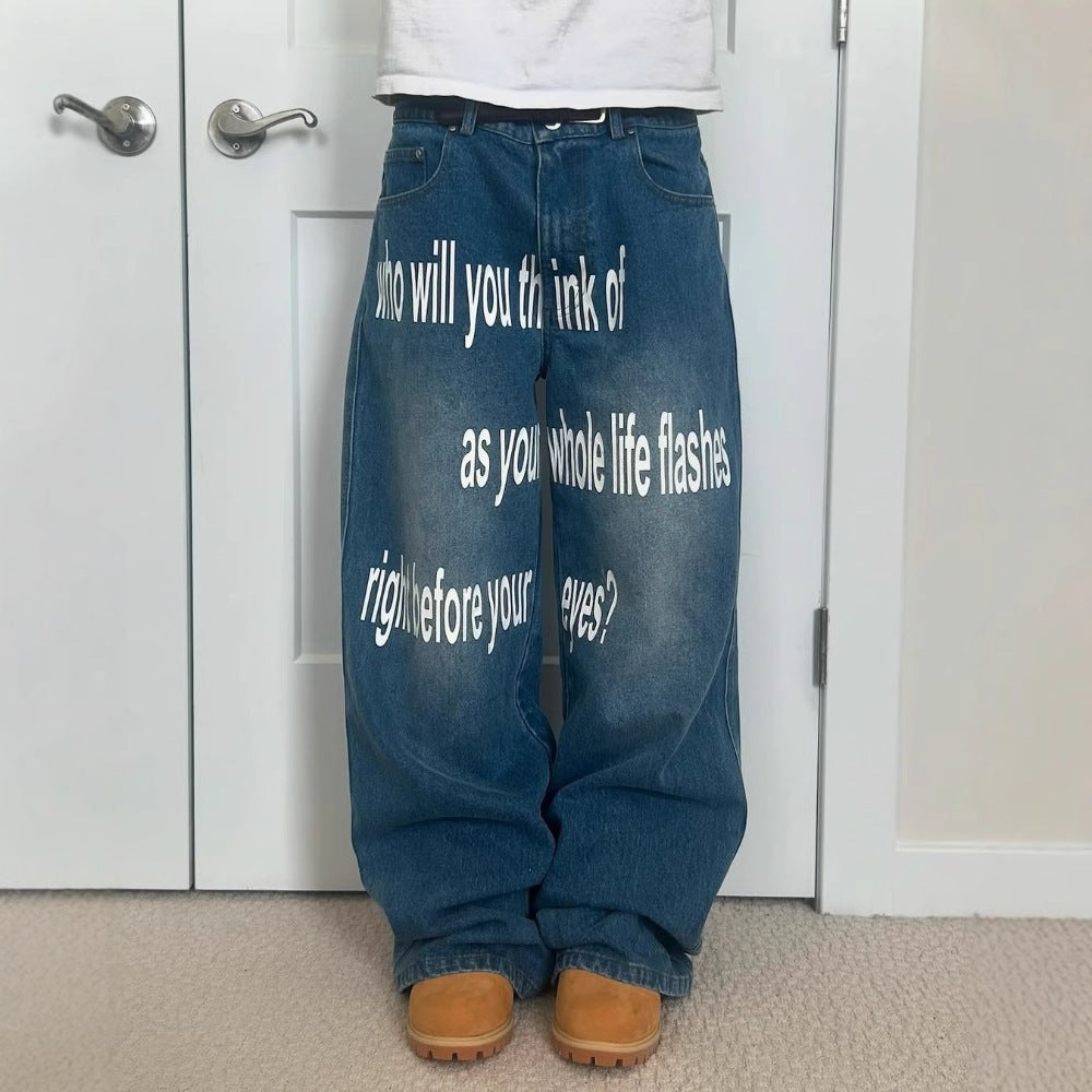 Retro Letter Printed Minimalist Wide Leg Pants