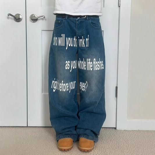Retro Letter Printed Minimalist Wide Leg Pants