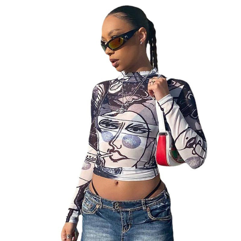 Sheer Mesh Round Neck Slim-fit Top