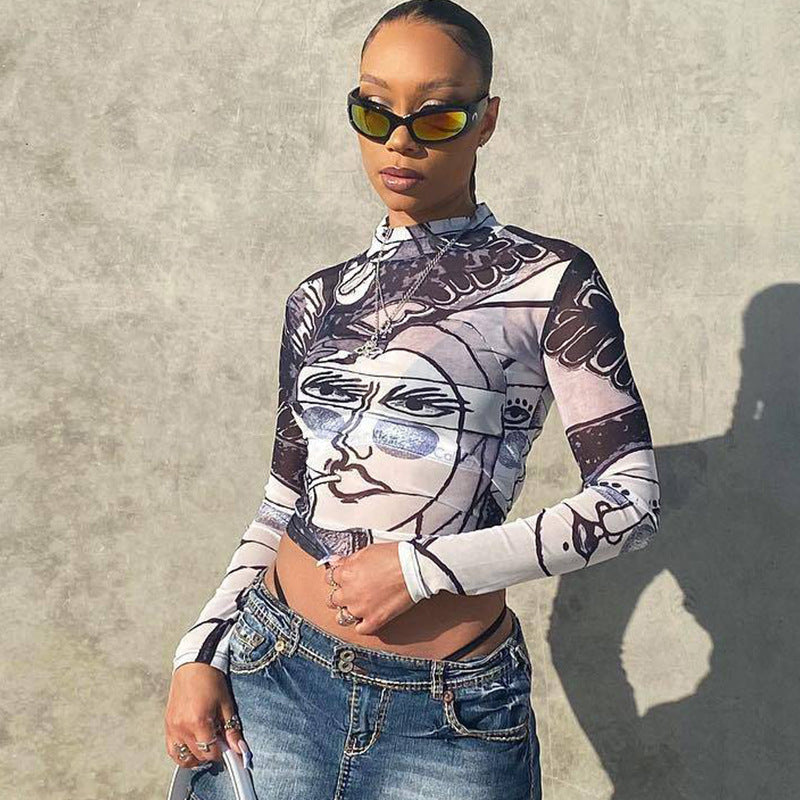 Sheer Mesh Round Neck Slim-fit Top